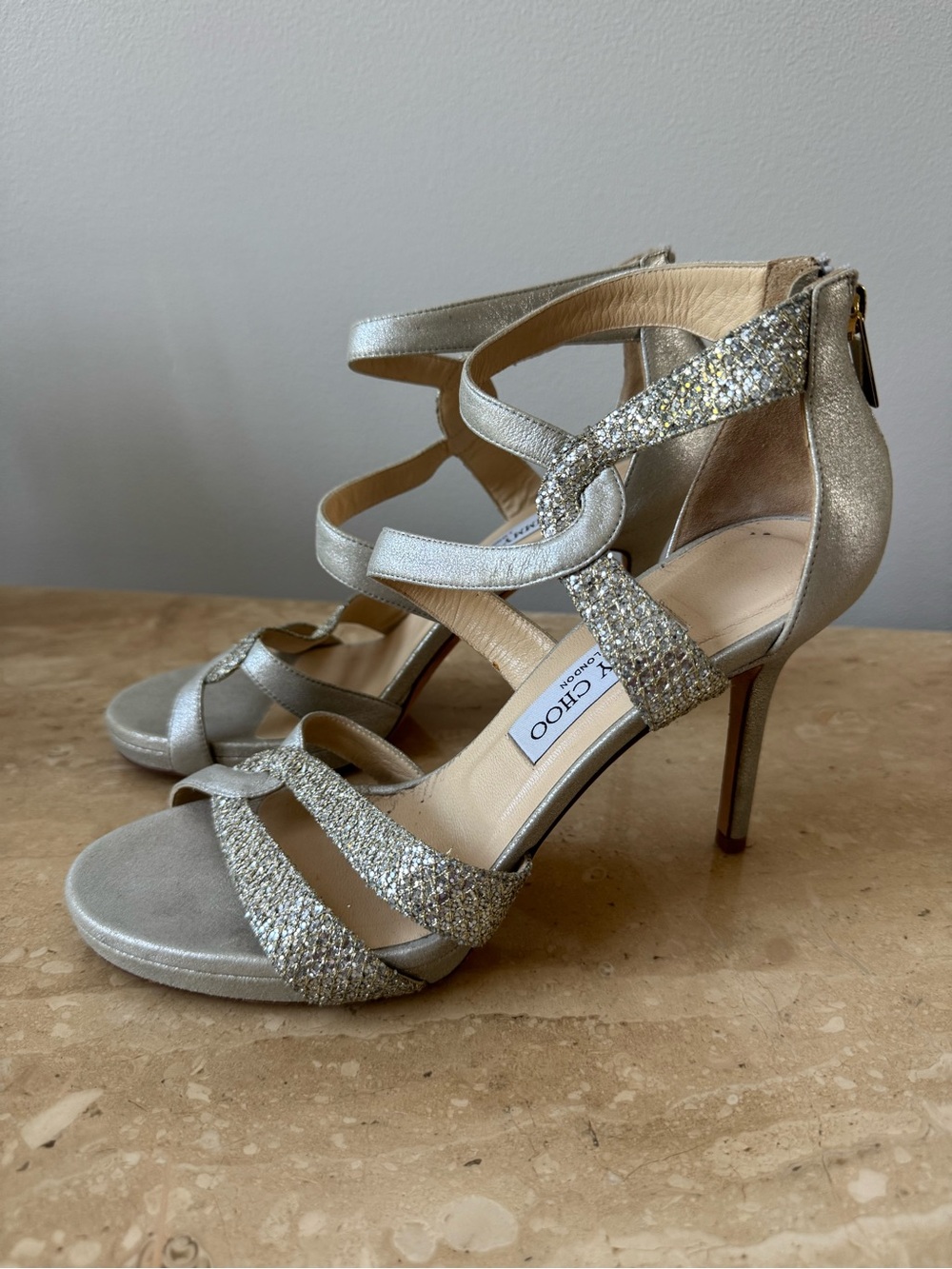 Jimmy Choo Silver Glitter Sandals 38.5